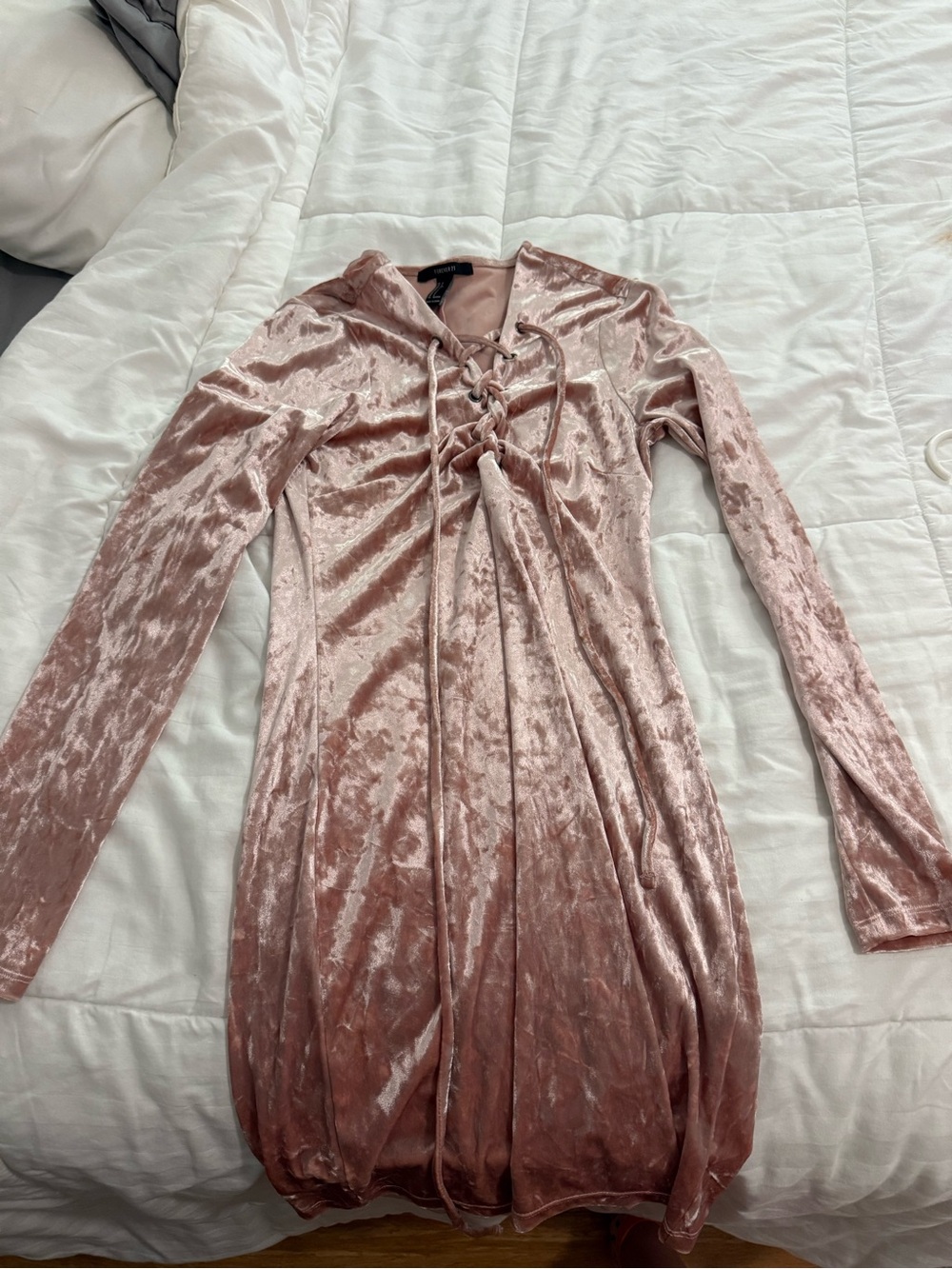 Forever 21 Blush Pink Velvet Lace-Up Long Sleeve Dress